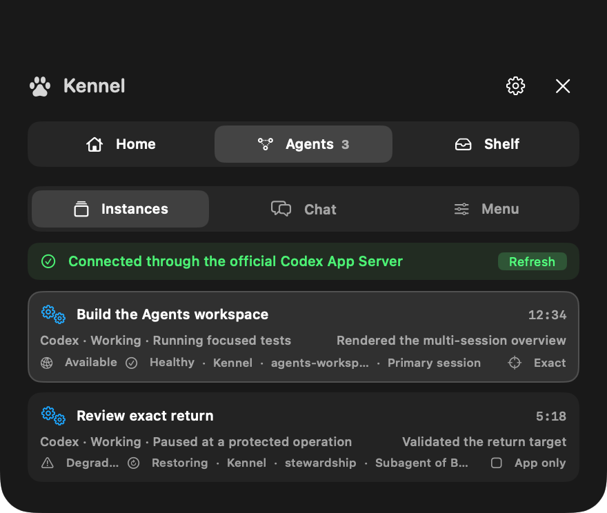 Kennel on macOS showing attributable agent instances and their current state